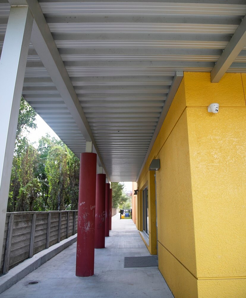 school walkway with overhead canopy